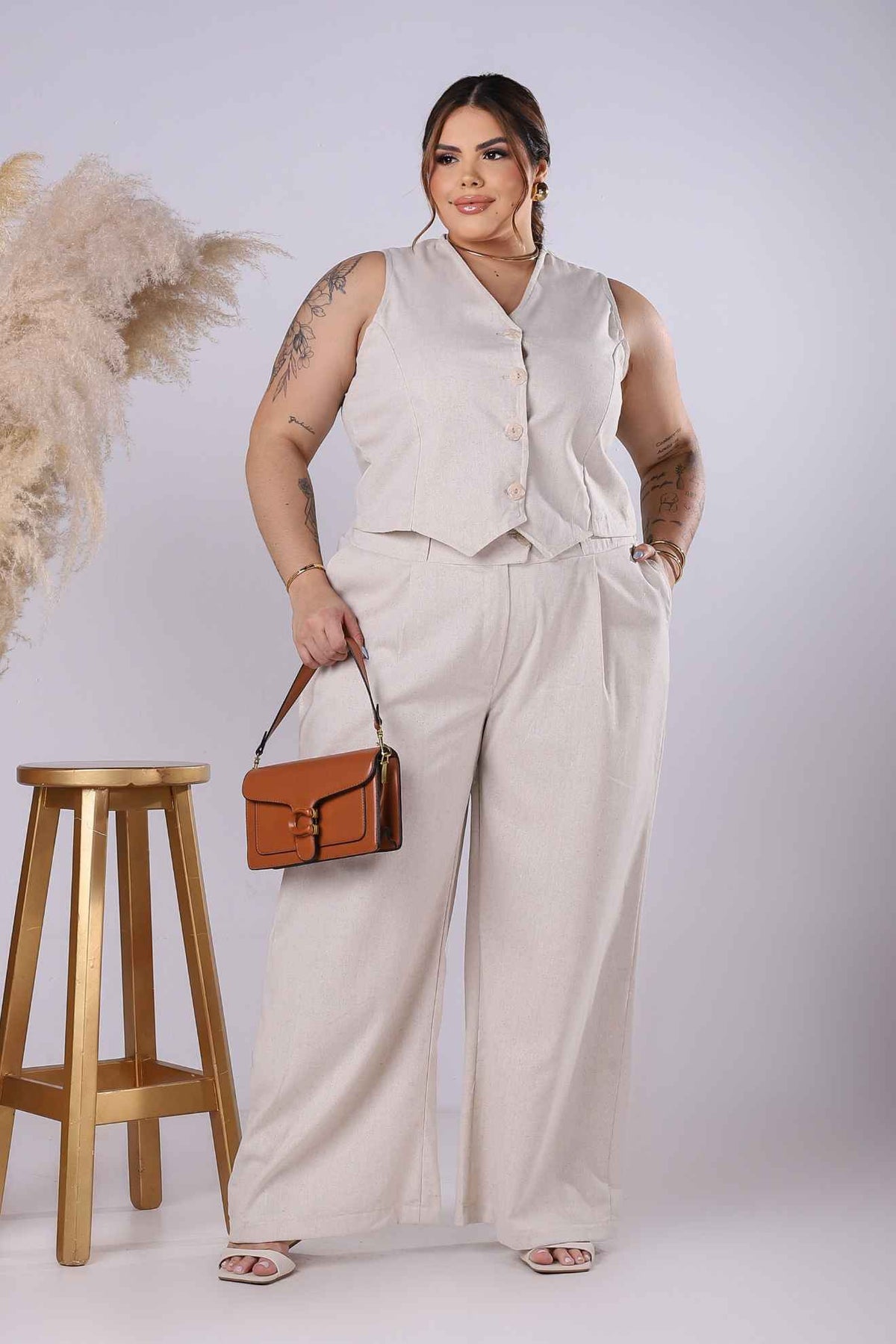 Calça Pantalona de Linho com Pregas