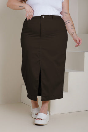 Saia Midi de Sarja Marrom com Fenda