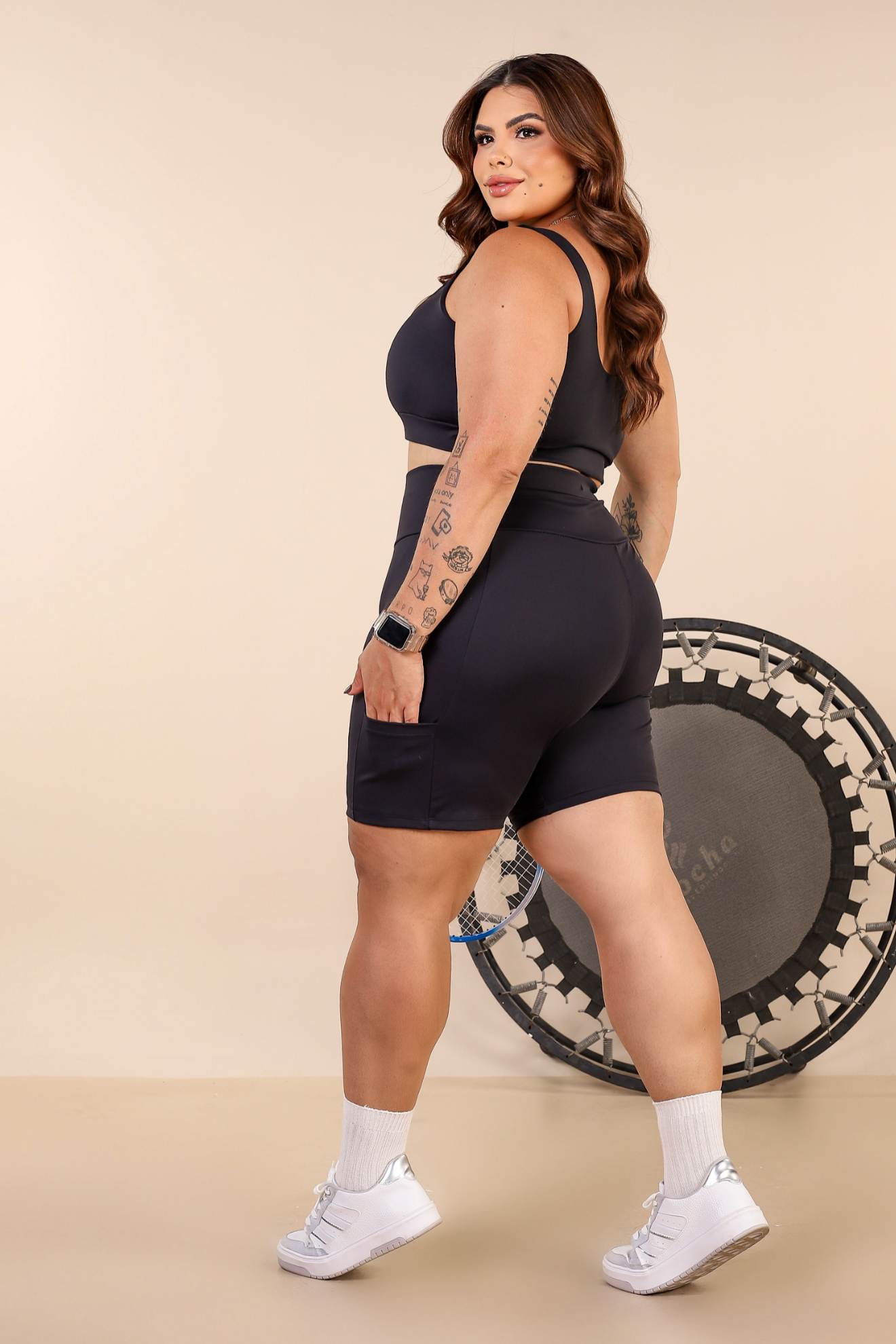 Short Fintes com Bolso, Alto de Poliamida Zero Transpar�ncia