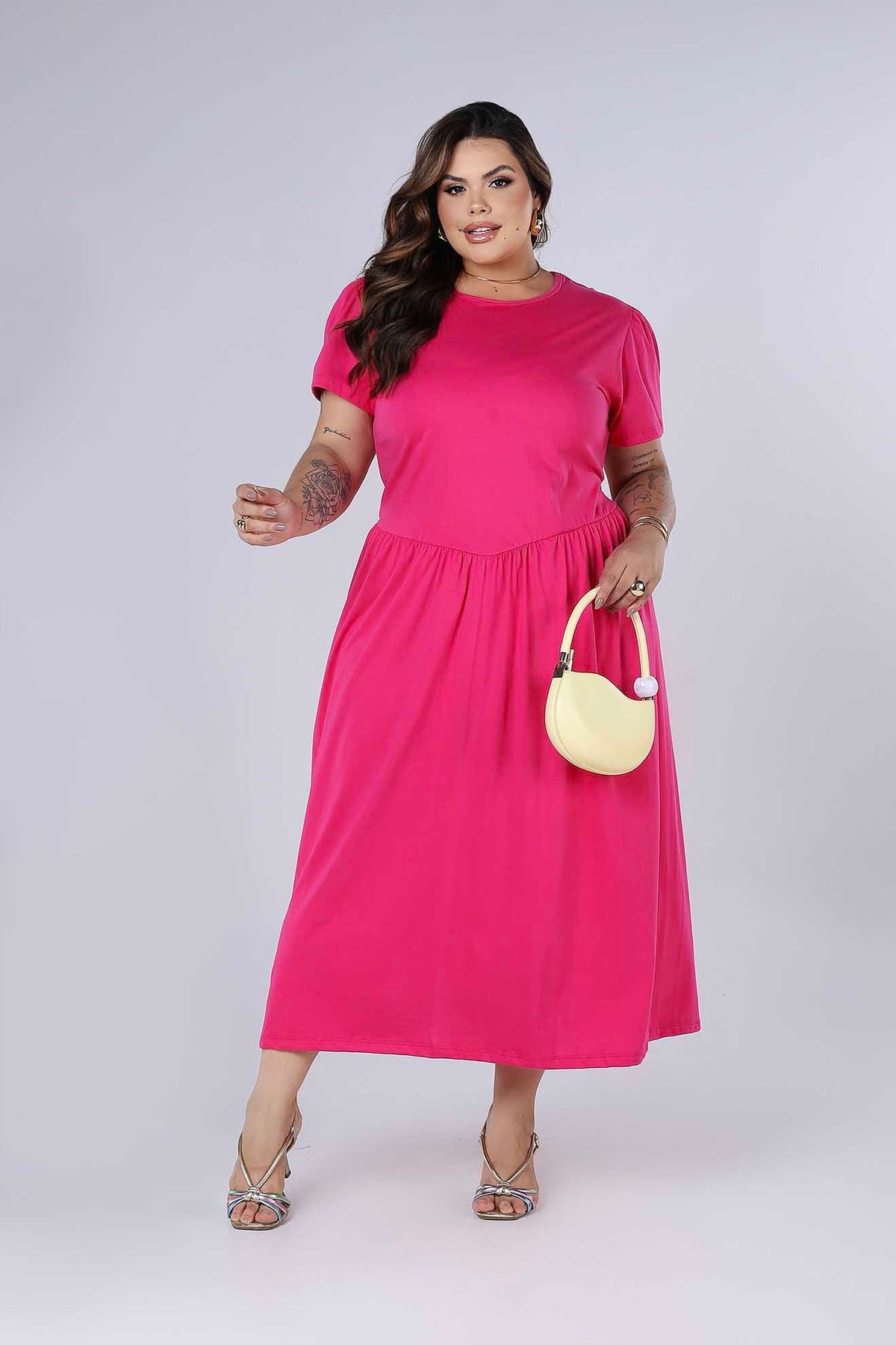 Vestido Midi de Algodão Cintura Baixa com Manga Curta